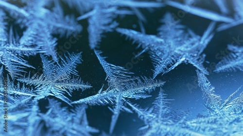 Close-Up of Delicate Crystalline Ice Patterns on Dark Blue Background