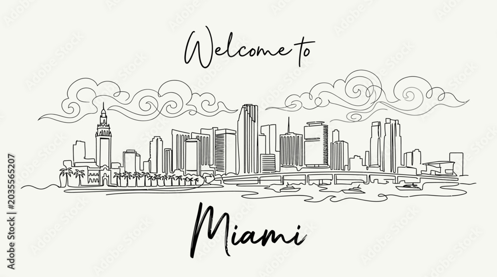 Fototapeta premium Miami Florida Skyline Illustration - Cityscape Art, Welcome Sign