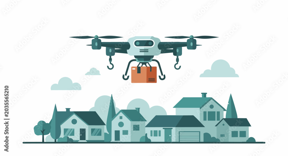 Obraz premium Autonomous Delivery Drone Carrying Package Over Houses in Suburb, Flat Design Vector Illustration