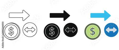 Three directional arrows paired with circular money icons in different colors