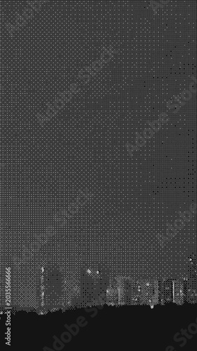 Lightning strike over city silhouette, retro dithering style. Grayscale, vertical format, pixel art aesthetic for creative use.