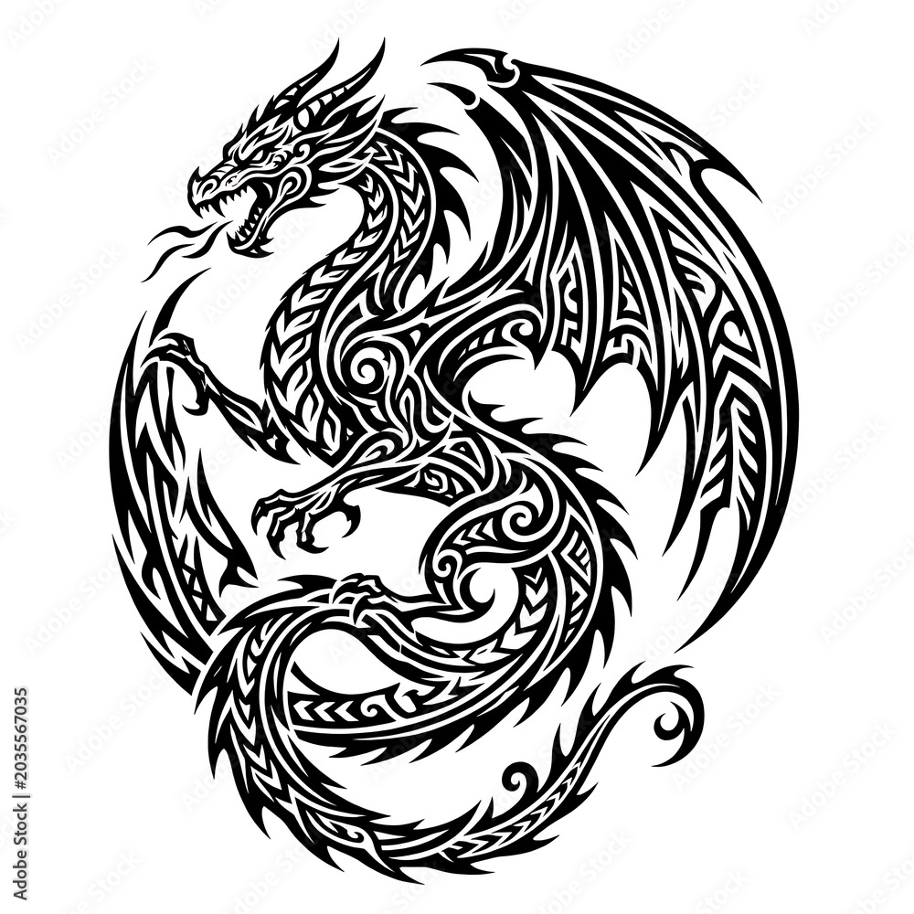 Fototapeta premium Tribal Dragon Circle Symbol Line Art Illustration Black and White Design