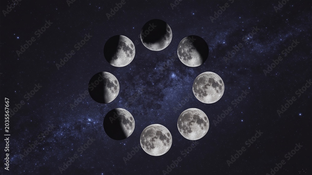 Obraz premium Circular sequence of eight lunar phases – Perfect for educational charts, astronomy websites, or cosmic design prints.