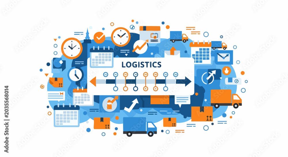 Obraz premium Logistics and Supply Chain Management Concept Illustration with Delivery Trucks, Clocks, Calendars, and Shipping Icons on White Background