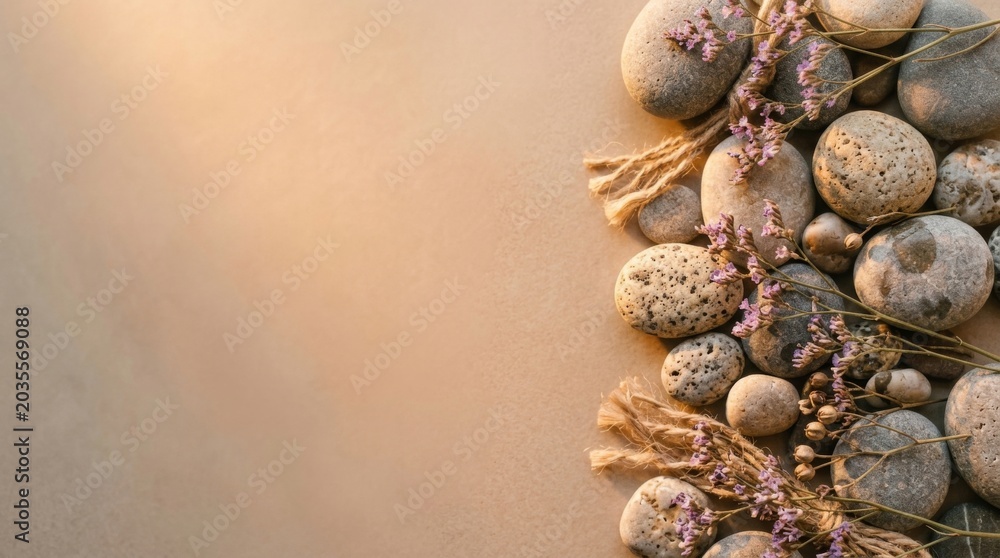 Obraz premium Zen still life with smooth stones and dried flowers on beige background
