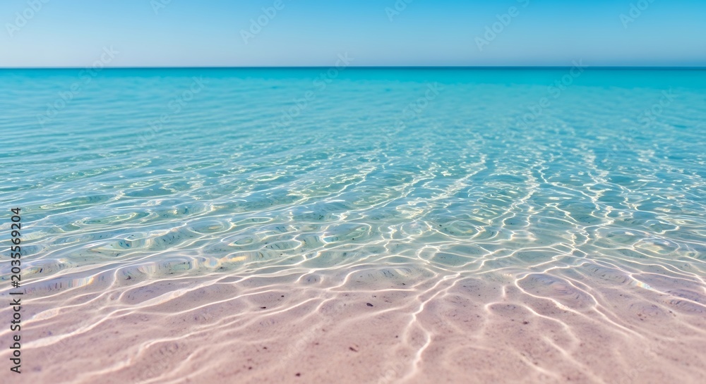 Obraz premium Crystal Clear Turquoise Ocean Water Gently Washing Onto Pink Sand Beach Under Bright Blue Sky