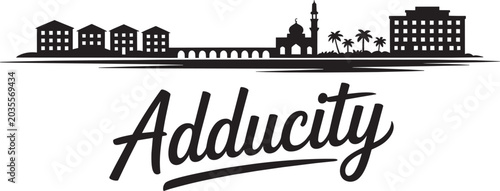 Modern city skyline silhouette with mosque, buildings, palm trees, and bridge in a black and white illustration style and design in outline style