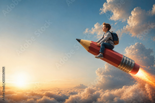 Boy rides a giant pencil through the sky. Space for text.