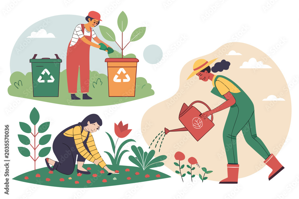 Fototapeta premium People gardening and recycling together outdoors