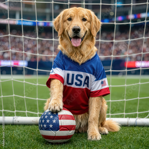 A golden retriever dressed as a soccer player for the USA team, with its paws on a flag-themed soccer ball and a net background in a sports arena