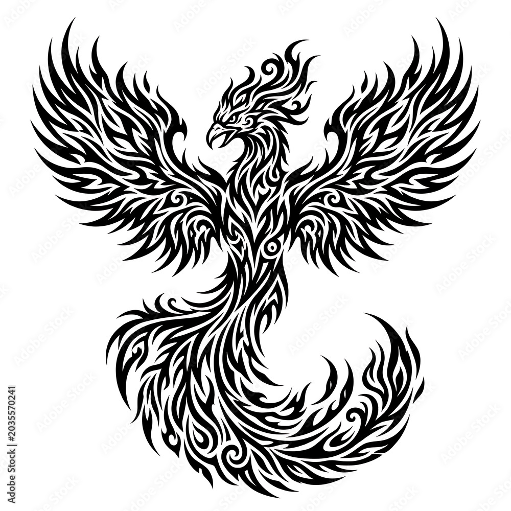 Fototapeta premium Tribal Phoenix Bird Silhouette with Intricate Line Art and Flaming Feathers in Monochrome Design