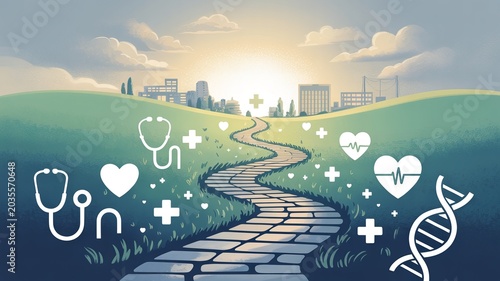 Stone pathway leading to glowing healthcare symbols – Suitable for patient care journeys, medical accessibility blogs, or clinics.