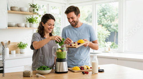 Happy couple preparing healthy green smoothie in modern kitchen. Man and woman adding fresh spinach and fruits to blender. Diet and nutrition concept