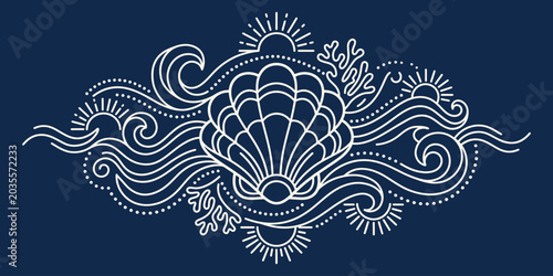 Foto White line art seashell illustration with stylized ocean waves and coral on dark