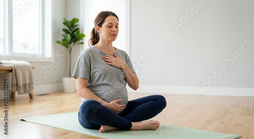 Pregnant woman meditating on a yoga mat with hands on chest and belly. Expectant mother practicing breathing exercises at home. Healthy pregnancy wellness