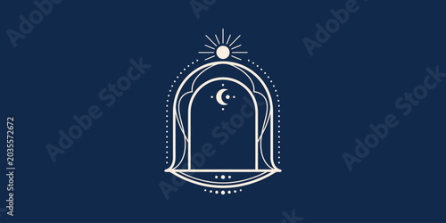 Canvastavla Mystical Celestial Arch Illustration with Sun and Crescent Moon Symbols in Minim