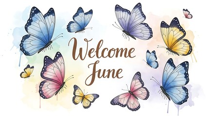 Colorful hand drawn welcome June floral illustration with butterflies.