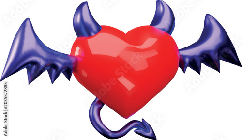 Schilderij op canvas 3D red heart with purple horns, an arrow-shaped tail, and bat wings