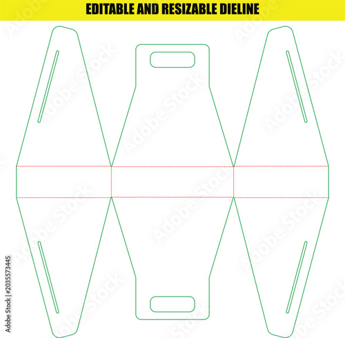 Professional die line template for a custom shaped paper bag with handle design and folding lines