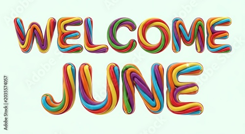 Colorful welcome june text banner with rainbow gradient letters.