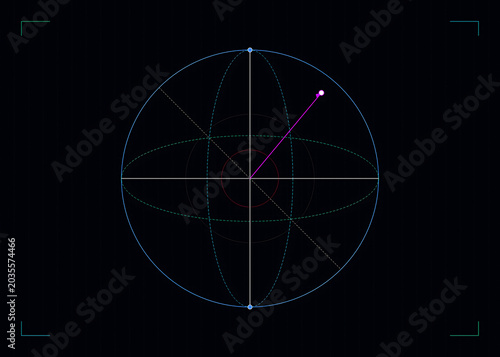 Futuristic HUD interface with 3D wireframe sphere, digital radar display on black background, high tech data visualization for science and space