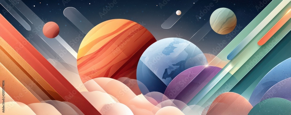 Obraz premium Futuristic space background with colorful planets, neon beams and abstract geometric clouds for avatars