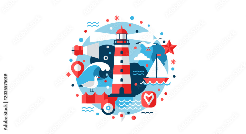 Obraz premium Nautical Lighthouse and Sailboat Flat Vector Illustration with Sea Elements, Seagulls, and Travel Icons in a Circular Composition on White Background
