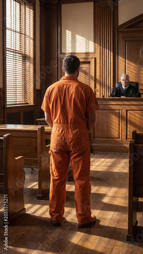 Back view of a man in an orange prison jumpsuit standing in a courtroom. He faces a judge sitting at the bench in a formal, sunlit legal setting with wooden panels
