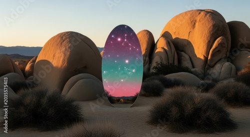 Vibrant glowing cosmic egg with starry galaxy pattern in a rugged desert landscape among large rock formations at sunset.