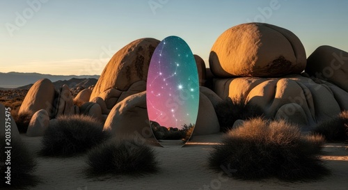 Futuristic glowing oval portal with starry nebula pattern in vast rocky desert landscape at golden hour