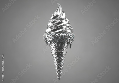 Elegant Silver Metallic Soft Serve Ice Cream Cone with Ornate Details. Luxury Chrome Dessert Art on Grey Background