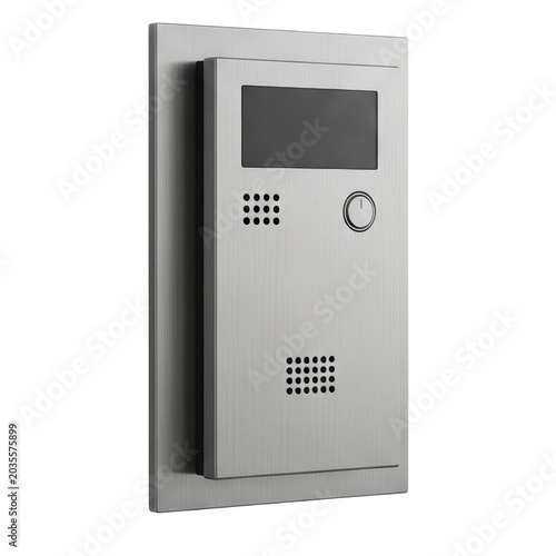 Modern brushed metal door intercom security panel over transparent background