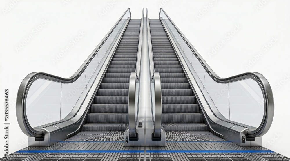 Fototapeta premium Modern symmetric escalators moving upwards in bright white architectural space with metal finishes.