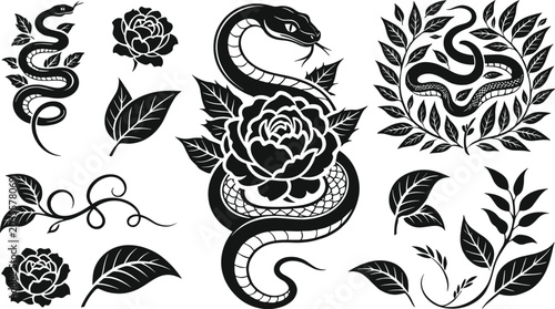 Snake and Rose Tattoo Vector Design Element Set with Silhouette Stencil Symbols of Serpents Coiled with Peony Blossoms, Leaves, and Laurel Wreath Branches