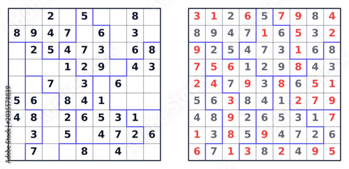 Fotografía Sudoku puzzle grid with solved and unsolved sections displayed