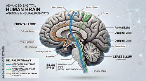 Human brain anatomy and neural pathways diagram with medical illustration