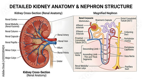 Detailed anatomy of the human kidney and nephron structure with human body