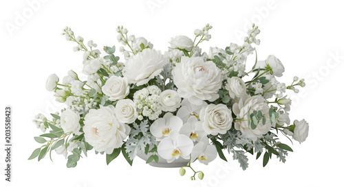 Luxury white floral arrangement with roses and orchids isolated on black background