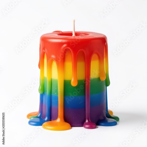 Colorful rainbow dripping wax candle isolated on white background.