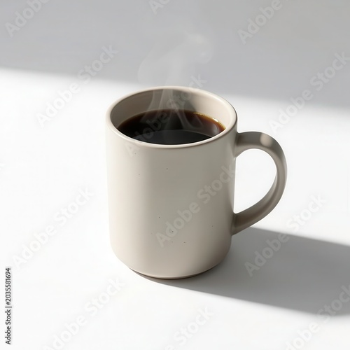 White ceramic coffee mug with steam rising on light background.