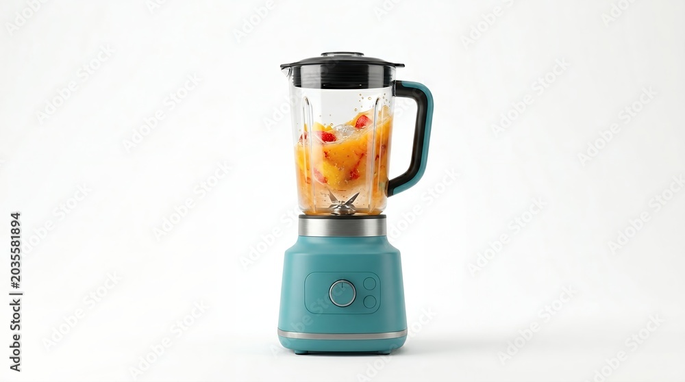 Obraz premium Teal retro blender with fruit inside, isolated on white background