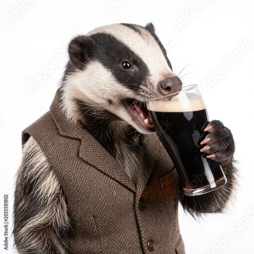 Anthropomorphic badger wearing apron drinking a glass of dark beer on white background.