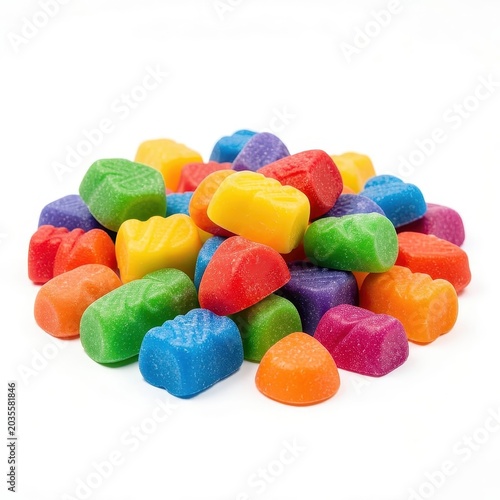 Pile of colorful assorted gummy candies isolated on white background.