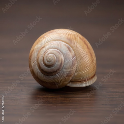 Detailed snail shell resting on dark wooden surface.