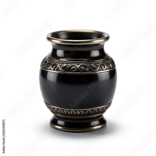Ornate black ceramic vase with decorative patterns isolated on white background.