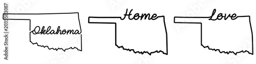 Photos Hand drawn Oklahoma state contour set including state name lettering, home text, love script in clean line art style
