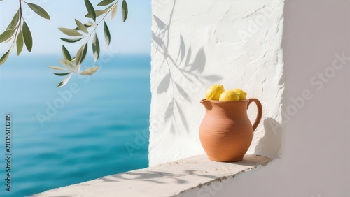 Rustic clay pitcher with fresh lemons on a sunny Mediterranean terrace overlooking the sea.