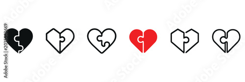 Foto Heart puzzle icons set broken and complete shapes in black and red line art