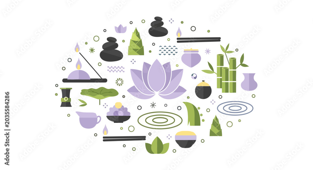 Fototapeta premium Spa and Wellness Minimalist Flat Vector Illustration Concept with Lotus Flower, Bamboo, Zen Stones, and Incense