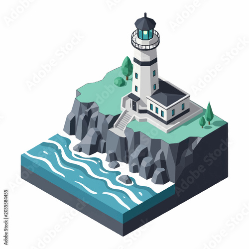 Isometric Lighthouse on Rocky Cliffside with Ocean Waves and Greenery.